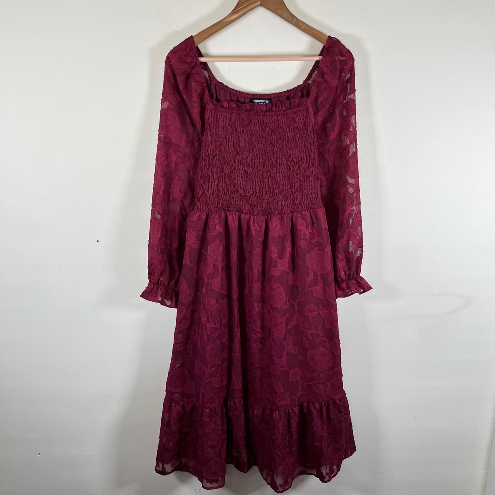 Bloomchic Burgundy Long Sleeve Smocked Lace Midi Dress Witchy Wedding Guest